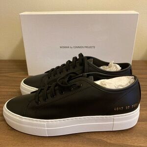 Woman by Common Projects Black Leather Sneakers Tournament Low Super US 7 EU 37